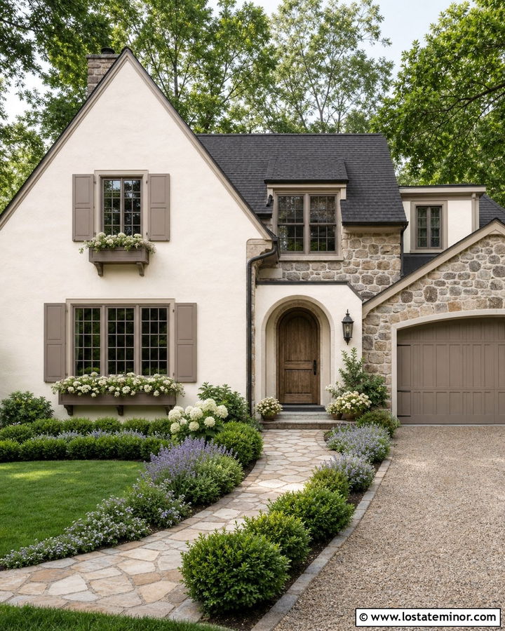 Off White Stone Cottage With Taupe Window Boxes - 30 Off White House Design With Window Boxes Ideas