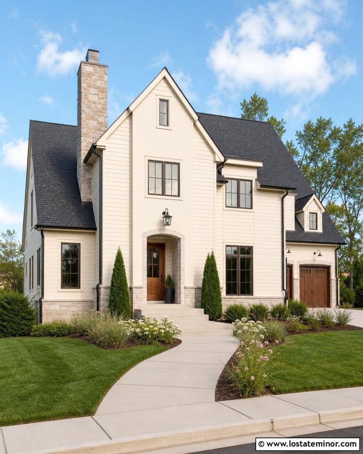 Off White Stone House With Concrete Walkway - 30 Off White House Design With Walkway Ideas
