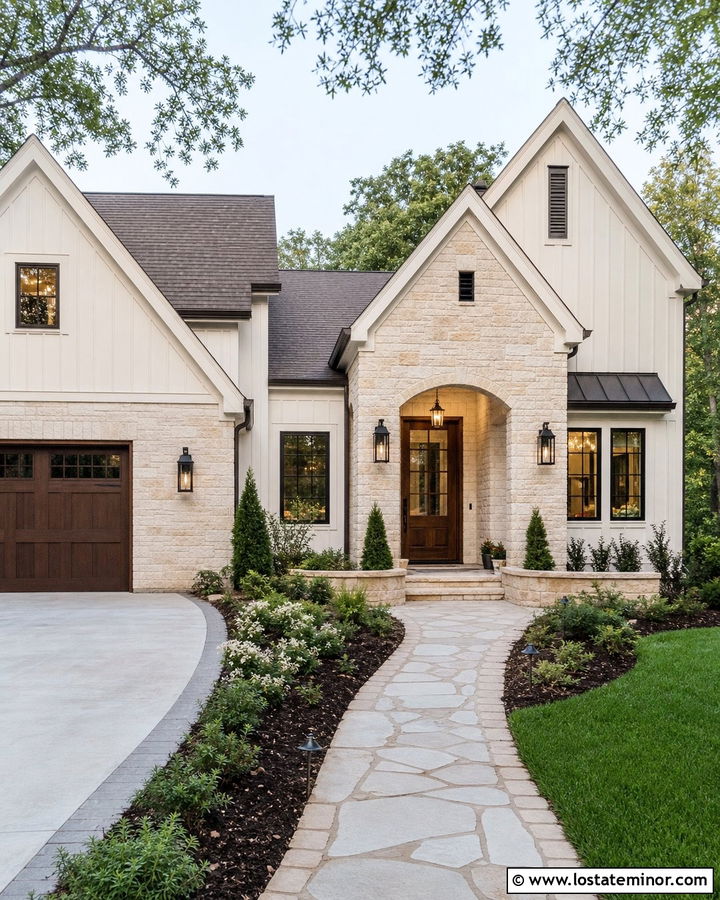 Off White Stone House With Dark Bronze Lights - 30 Off White House Design With Light Fixtures Ideas