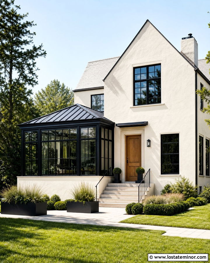 Off White Stucco House With Black Steel Sunroom - 30 Off White House Design With Sunroom Ideas
