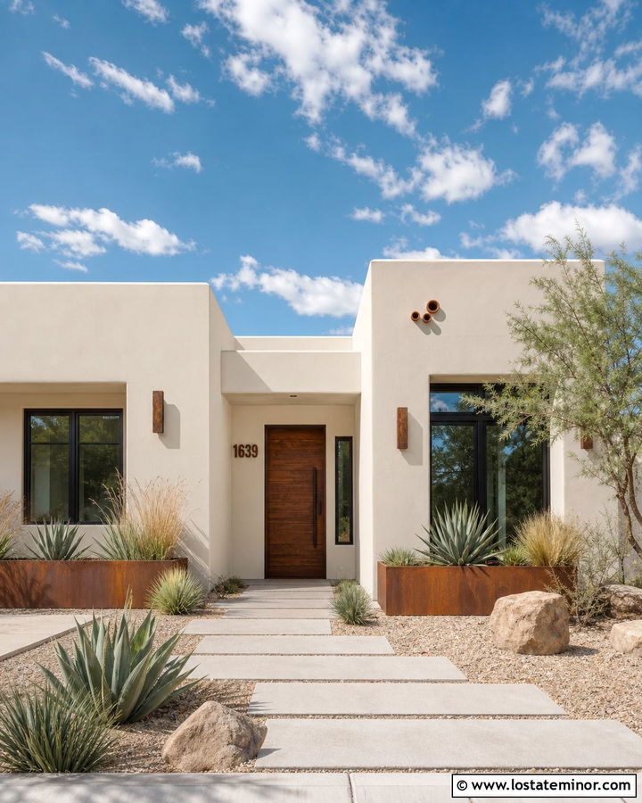 Off White Stucco House With Corten Steel Numbers - 30 Off White House Design With House Numbers Ideas