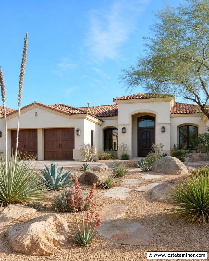 Off White Stucco House With Desert Landscaping - 30 Off White House Design With Front Yard Ideas