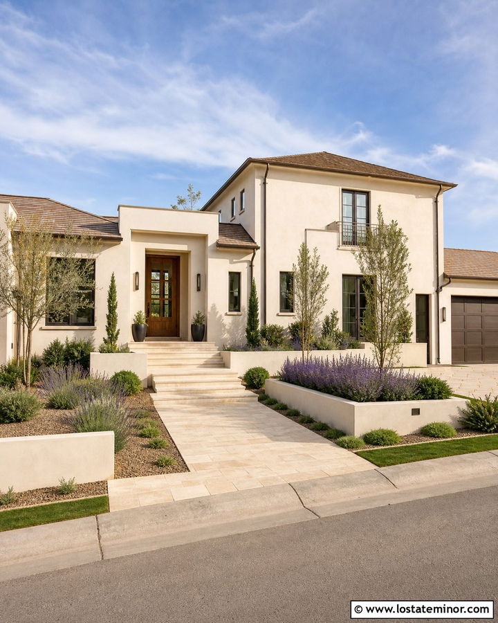 Off White Stucco House With Travertine Walkway - 30 Off White House Design With Walkway Ideas