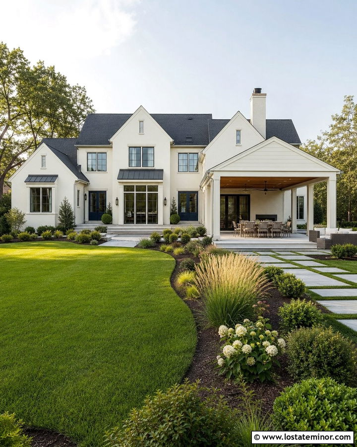 Off White Suburban House With Large Lawn - 30 Off White House Design With Backyard Ideas