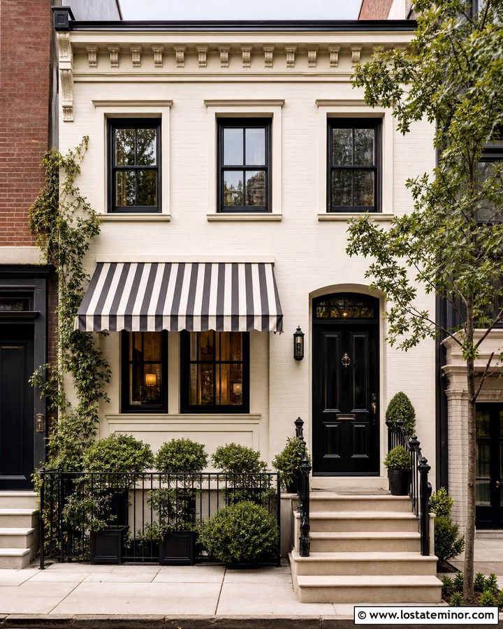 Off White Townhouse With Fabric Awning - 30 Off White House Design With Awning Ideas