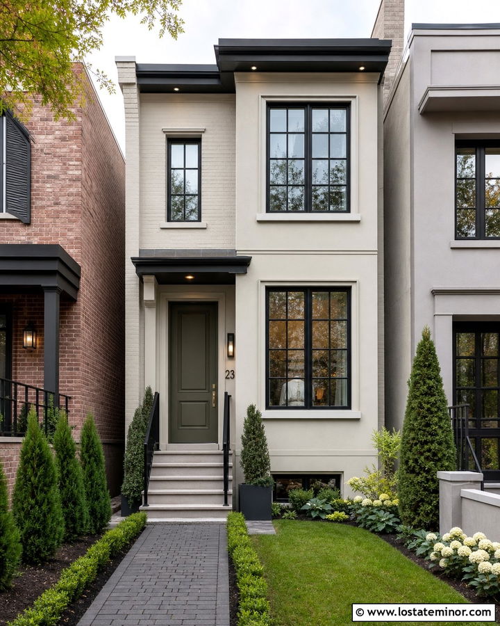 Off White Townhouse With Narrow Paver Walkway - 30 Off White House Design With Walkway Ideas