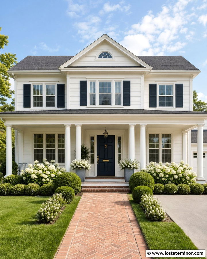 Off White Traditional House With Basketweave Brick Walkway - 30 Off White House Design With Walkway Ideas