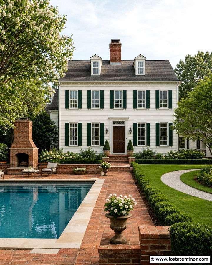 Off White Traditional House With Brick Pool Patio - 30 Off White House Design With Swimming Pool Ideas