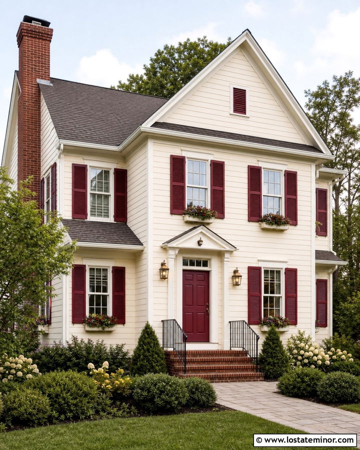 Off White Traditional House With Burgundy Trim - 30 Off White House Design With Trim Ideas