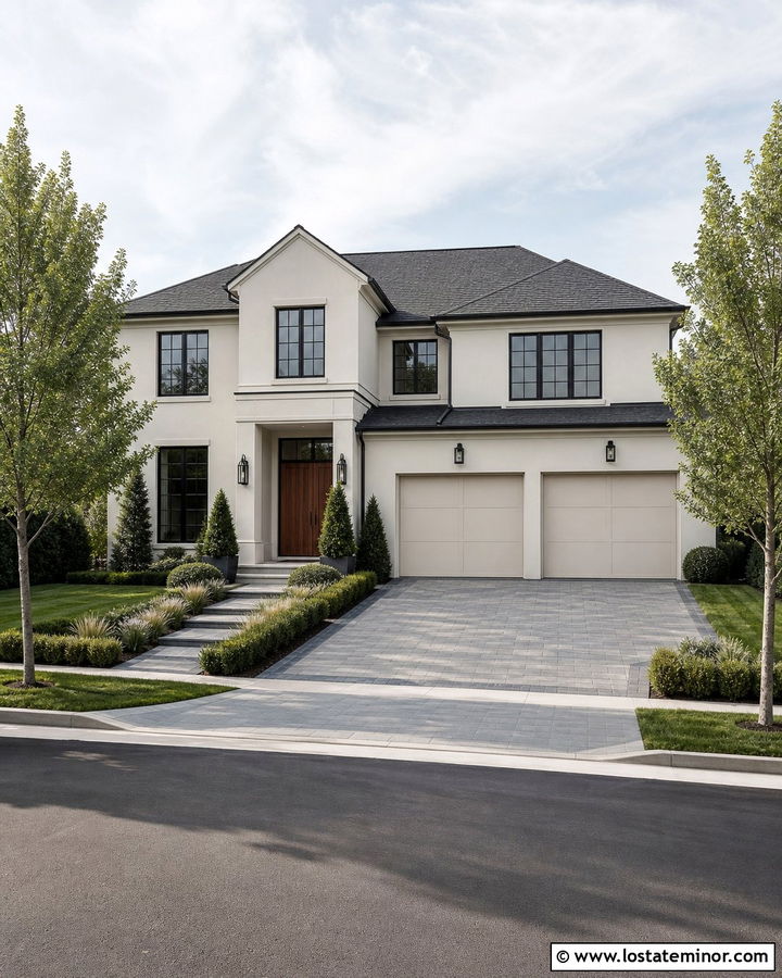 Off White Transitional House With Gray Paver Driveway - 30 Off White House Design With Driveway Ideas