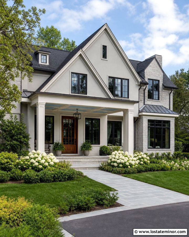 Off White Transitional House With Pale Blue Coffered Ceiling - 30 Off White House Design With Porch Ceiling Ideas