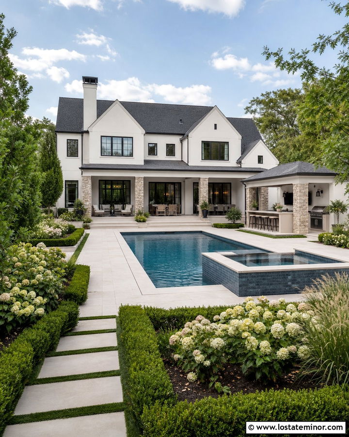 Off White Transitional House With Pool And Spa - 30 Off White House Design With Swimming Pool Ideas