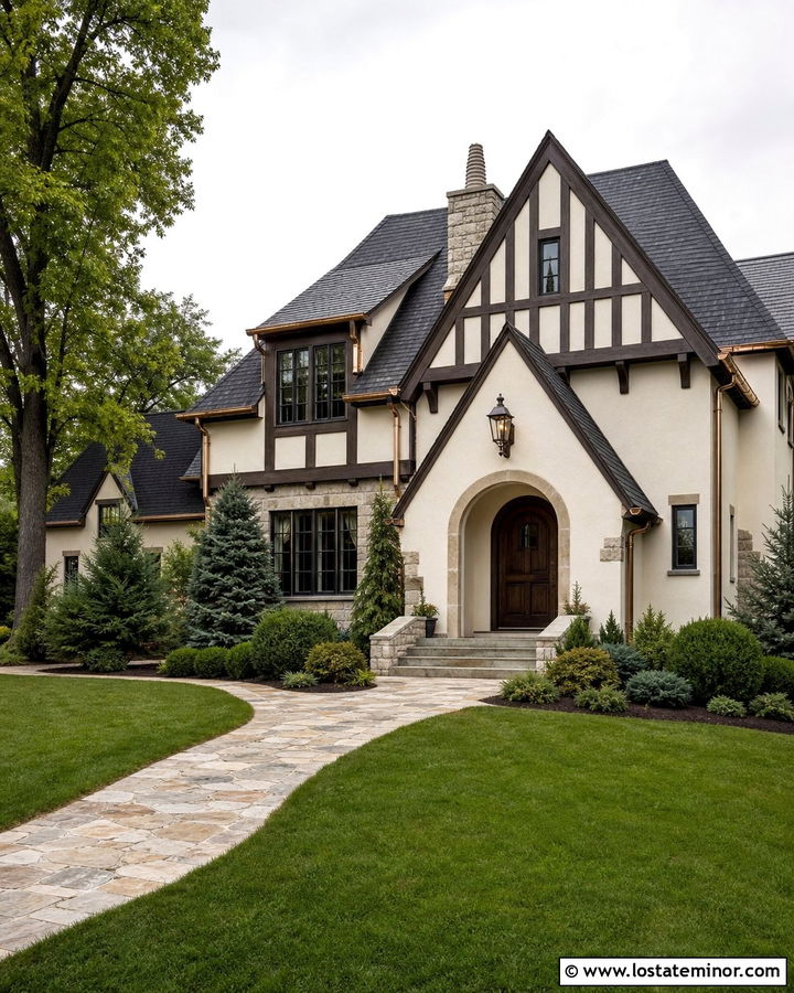 Off White Tudor House With Arched Portico - 30 Off White House Design With Portico Ideas