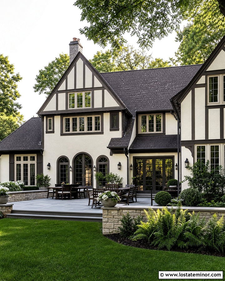 Off White Tudor House With Bluestone Patio - 30 Off White House Design With Backyard Ideas
