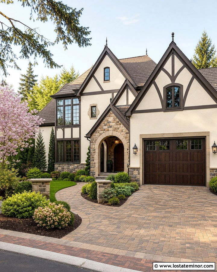 Off White Tudor House With Brick And Stone Driveway - 30 Off White House Design With Driveway Ideas
