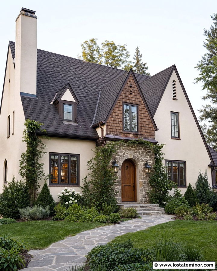 Off White Tudor House With Cedar Shake Gables - 30 Off White House Design With Cedar Shake Ideas