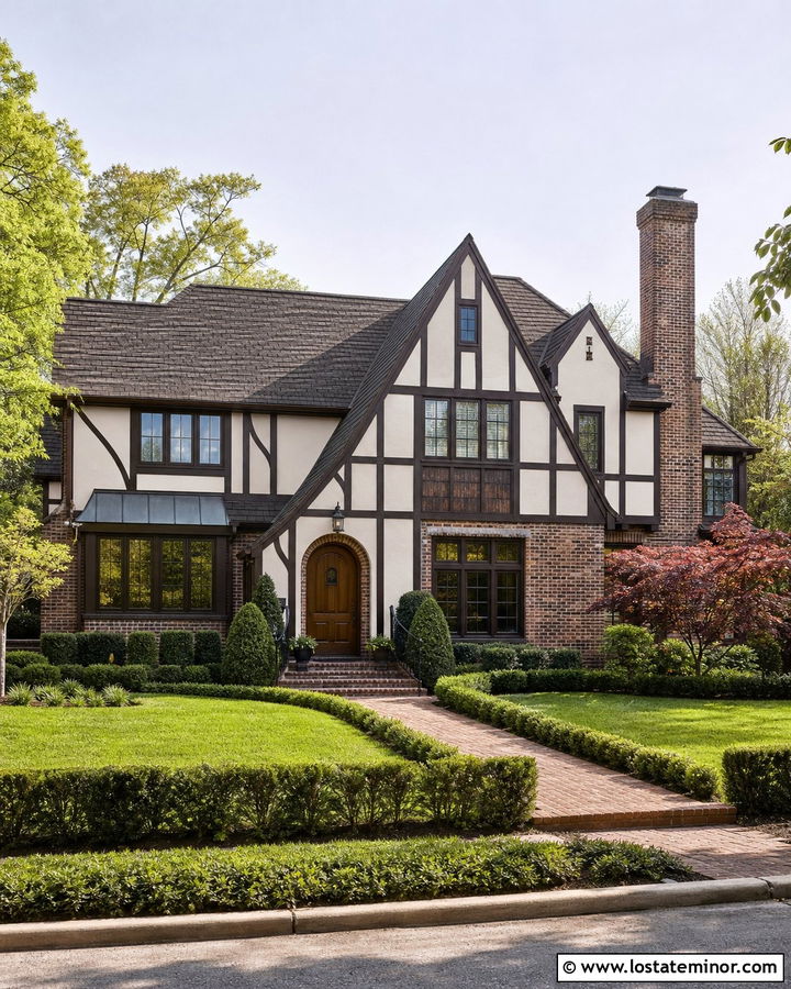 Off White Tudor House With Dark Brick - 30 Off White House Design With Brick Accents Ideas