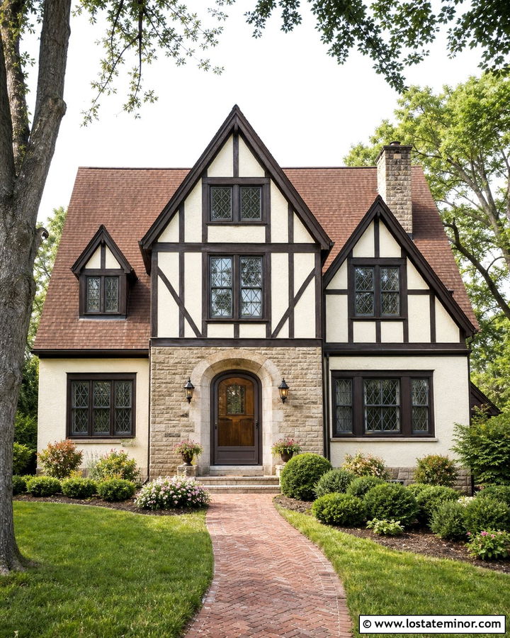 Off White Tudor House With Dark Bronze Storm Door - 30 Off White House Design With Storm Door Ideas