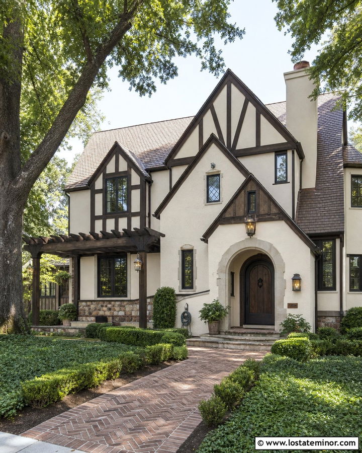 Off White Tudor House With Dark Wood Pergola - 30 Off White House Design With Pergola Ideas