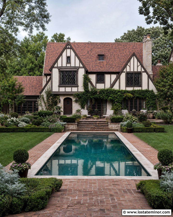 Off White Tudor House With Garden Pool - 30 Off White House Design With Swimming Pool Ideas