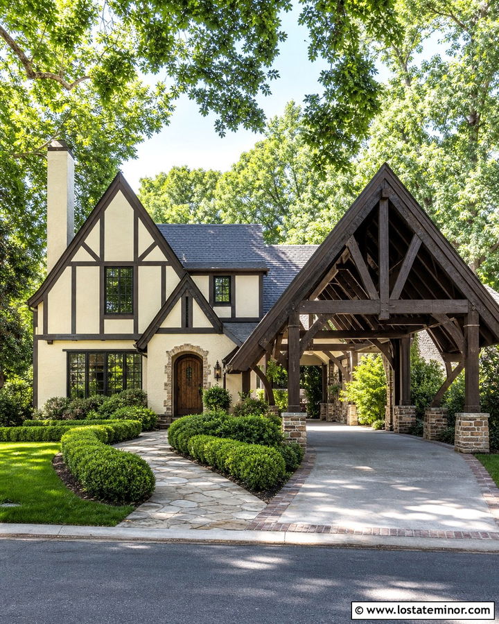 Off White Tudor House With Timber Carport - 30 Off White House Design With Carport Ideas