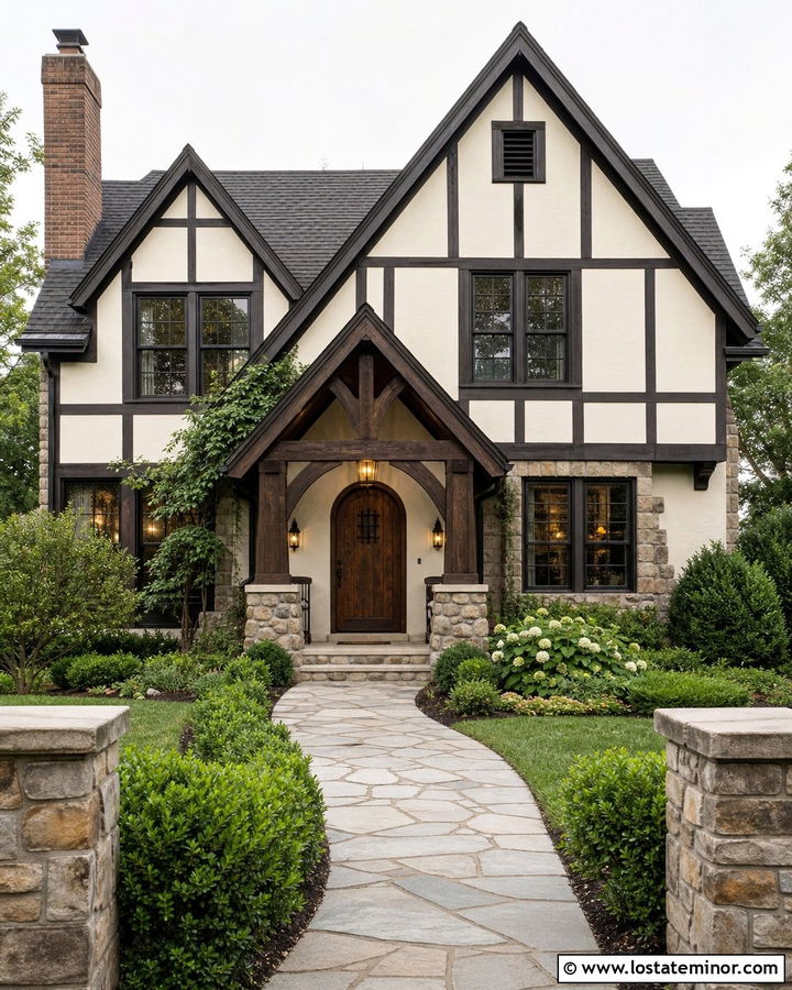 Off White Tudor House With Timber Porch Columns - 30 Off White House Design With Porch Columns Ideas