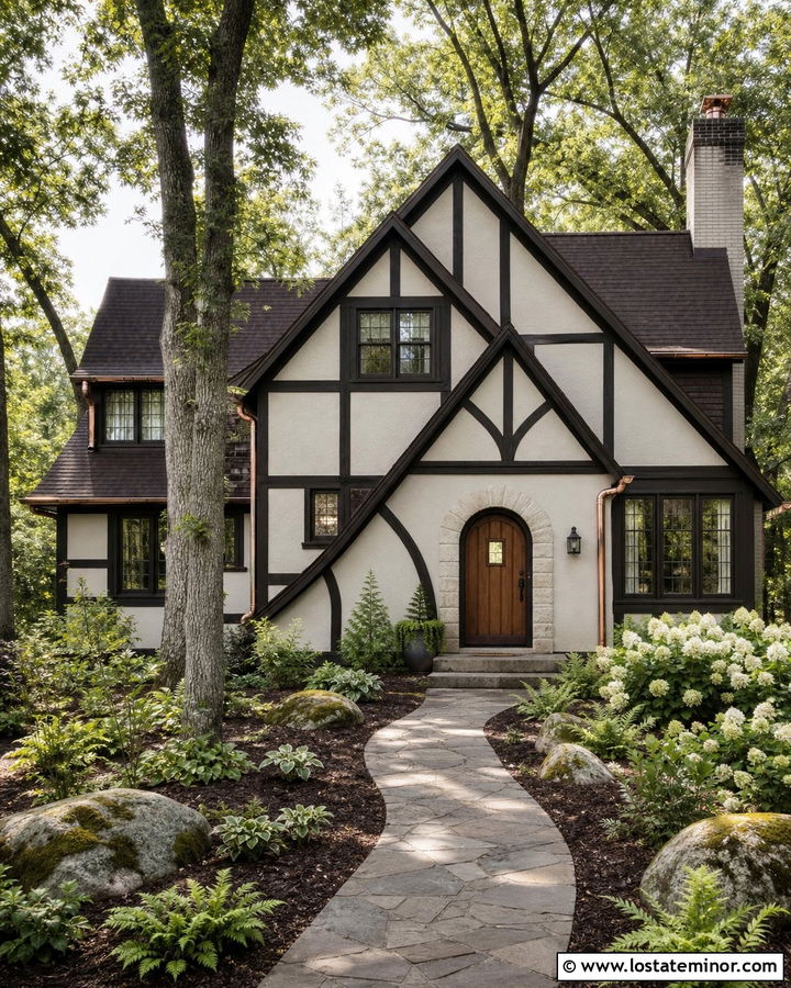 Off White Tudor House With Woodland Landscaping - 30 Off White House Design With Landscaping Ideas