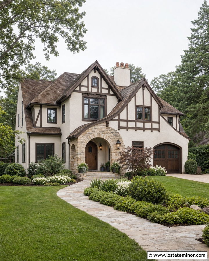 Off White Tudor With Arched Front Porch - 30 Off White House Design With Front Porch Ideas