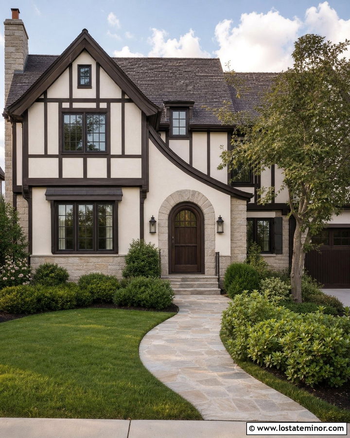 Off White Tudor With Brown Screen Door - 30 Off White House Design With Screen Door Ideas
