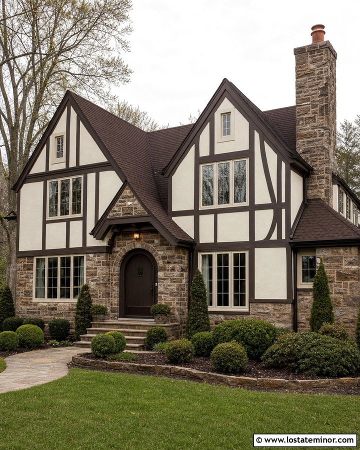 Off White Tudor With Brown Stone Wainscoting - 30 Off White House Design With Wainscoting Ideas