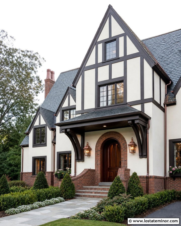 Off White Tudor With Dark Brown Porch Ceiling - 30 Off White House Design With Porch Ceiling Ideas