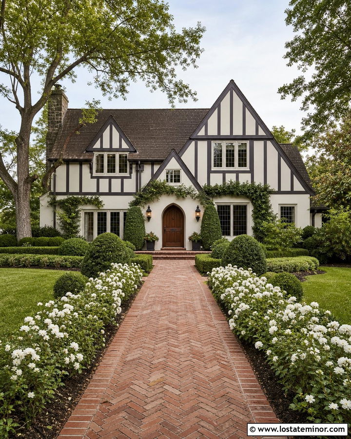 Off White Tudor With Herringbone Brick Walkway - 30 Off White House Design With Walkway Ideas