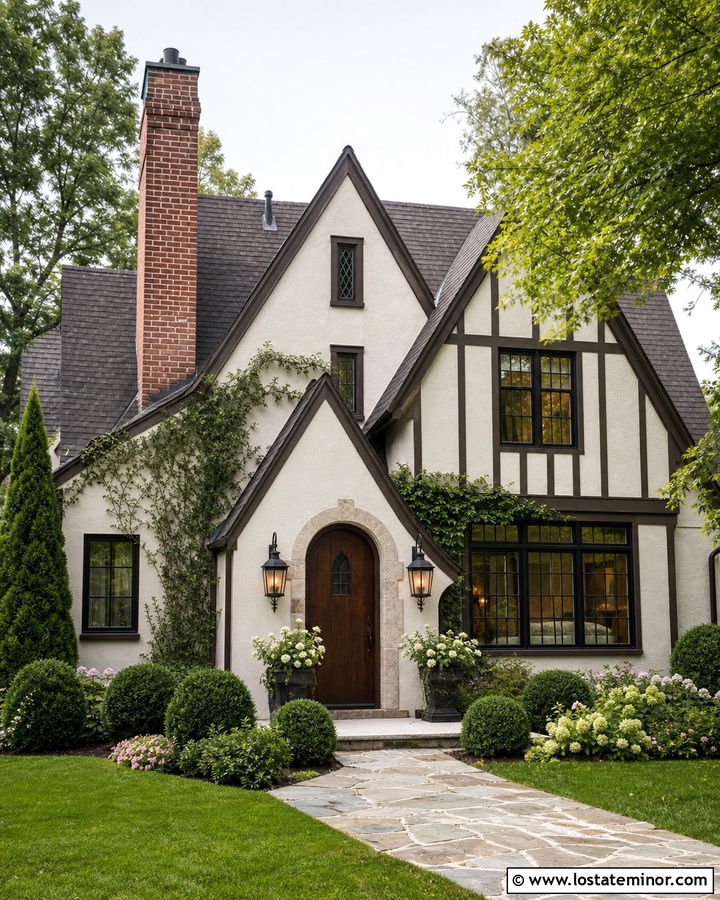 Off White Tudor With Iron Lanterns - 30 Off White House Design With Light Fixtures Ideas