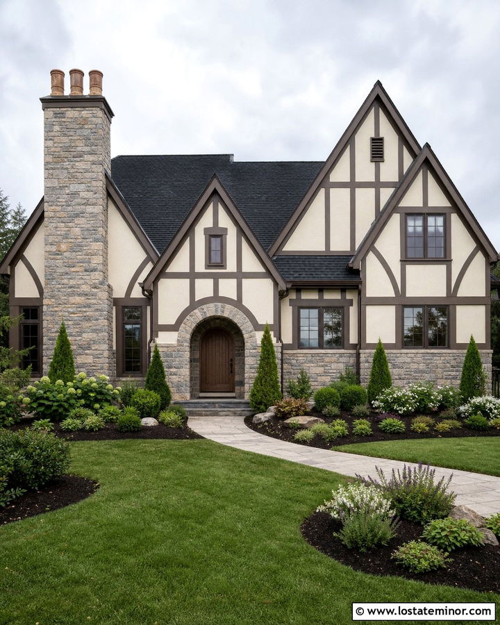 Off White Tudor With Ledgestone - 30 Off White House Design With Stone Accents Ideas