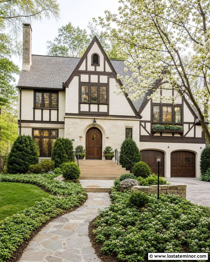 Off White Tudor With Limestone Entry Steps - 30 Off White House Design With Steps Ideas