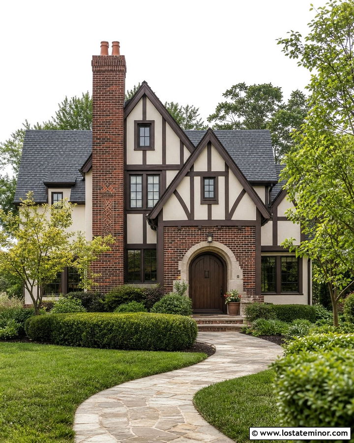Off White Tudor With Tall Brick Chimney - 30 Off White House Design With Chimney Ideas