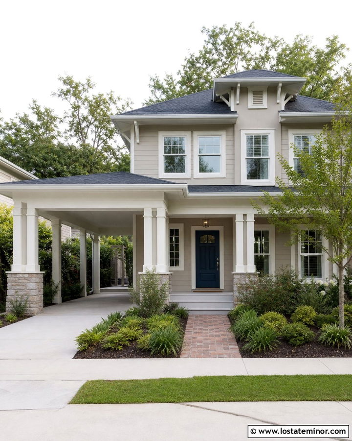 Off White Two Story House With Side Carport - 30 Off White House Design With Carport Ideas
