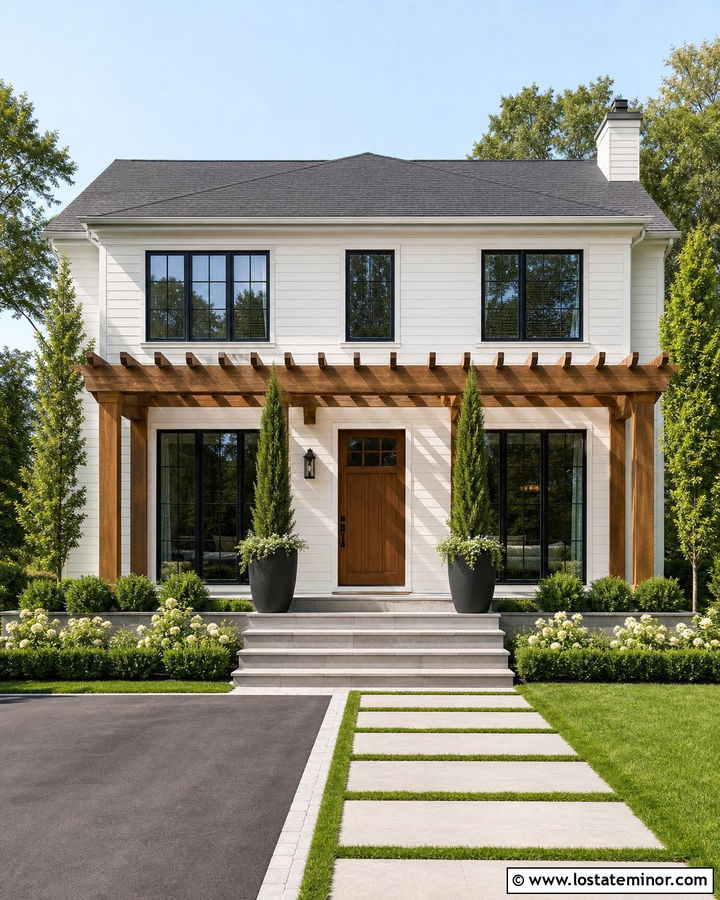 Off White Two Story House With Tall Pergola - 30 Off White House Design With Pergola Ideas