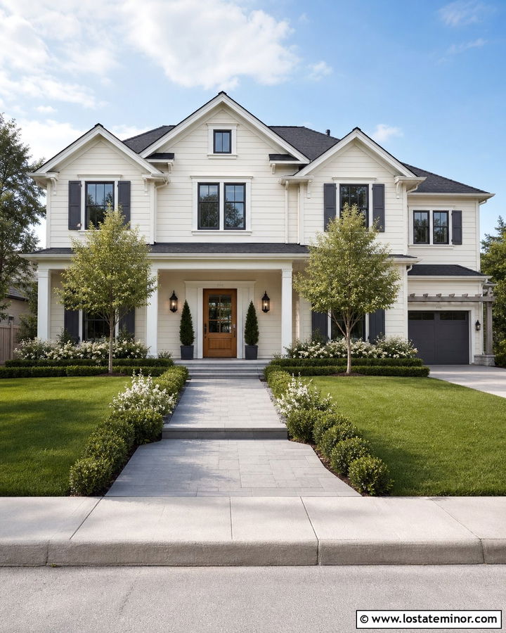 Off White Two Story House With Wide Walkway - 30 Off White House Design With Walkway Ideas