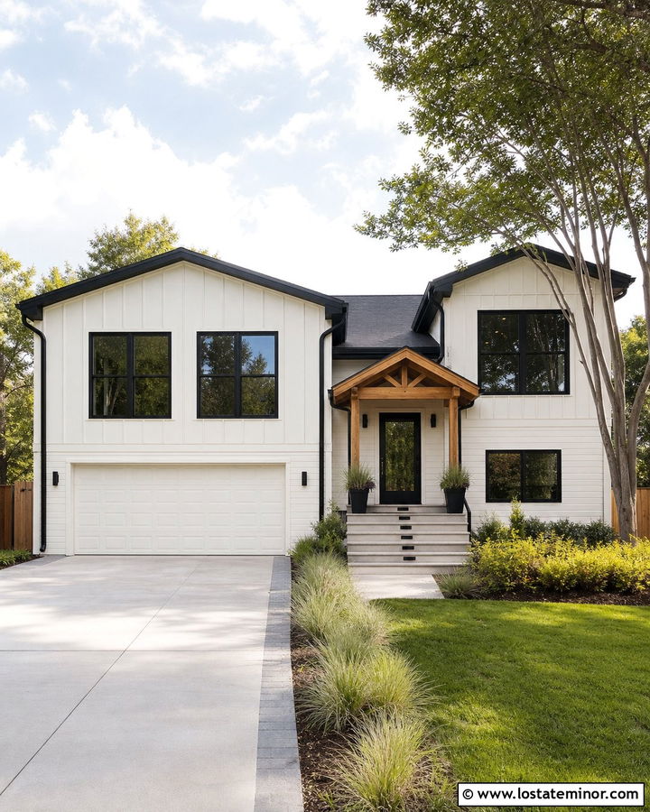 Off White Vertical Siding With Black Windows - 30 Off White House Design With Siding Ideas