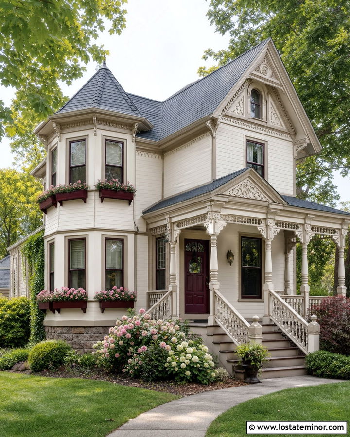 Off White Victorian House With Burgundy Window Boxes - 30 Off White House Design With Window Boxes Ideas