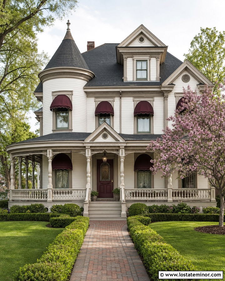 Off White Victorian House With Curved Awnings - 30 Off White House Design With Awning Ideas