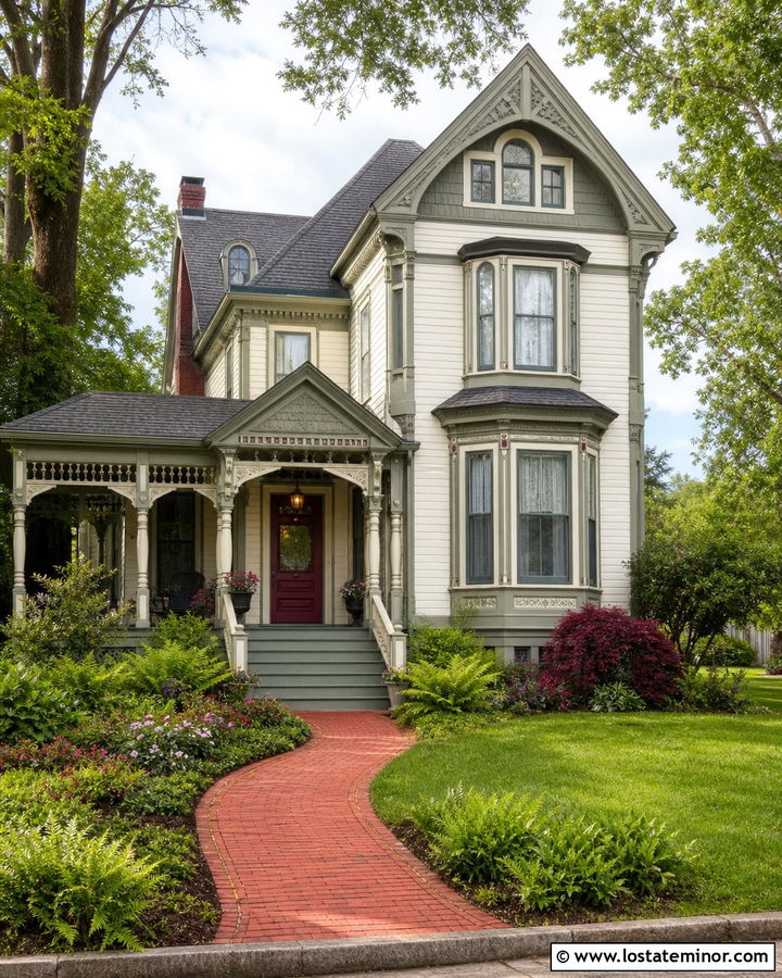 Off White Victorian House With Curved Brick Walkway - 30 Off White House Design With Walkway Ideas
