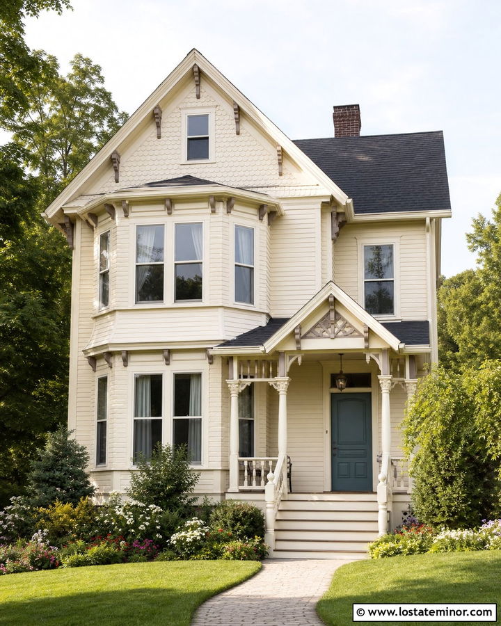 Off White Victorian House With Decorative Portico - 30 Off White House Design With Portico Ideas