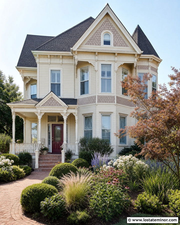 Off White Victorian House With Layered Flower Beds - 30 Off White House Design With Landscaping Ideas