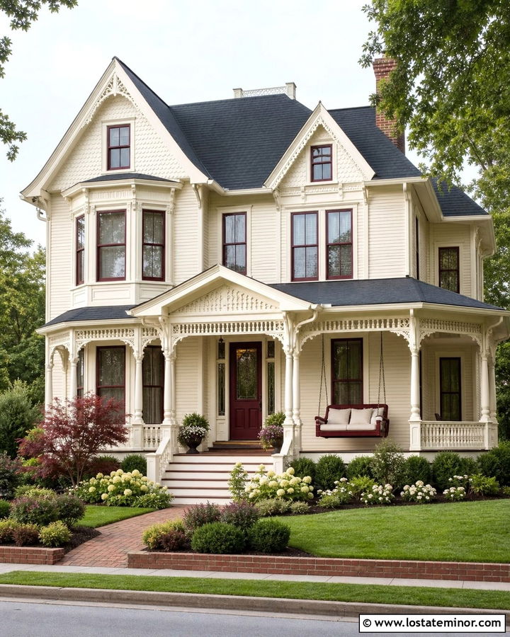 Off White Victorian With Dark Red Porch Swing - 30 Off White House Design With Swing Ideas
