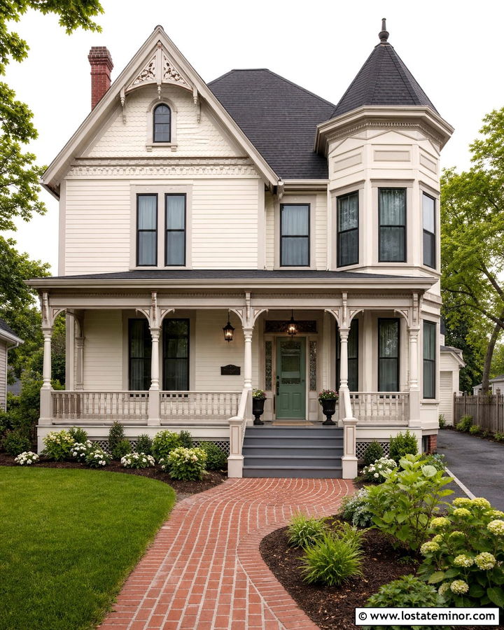 Off White Victorian With Decorative Front Porch - 30 Off White House Design With Front Porch Ideas