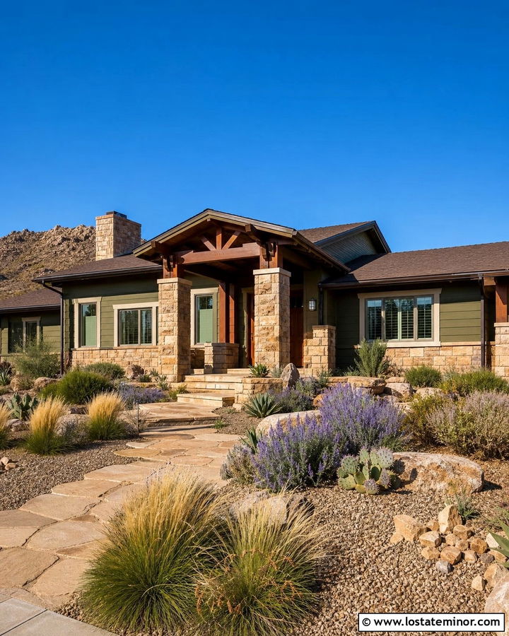 Olive Board and Batten With Sandstone - 30 Stone House Design With Board and Batten Ideas