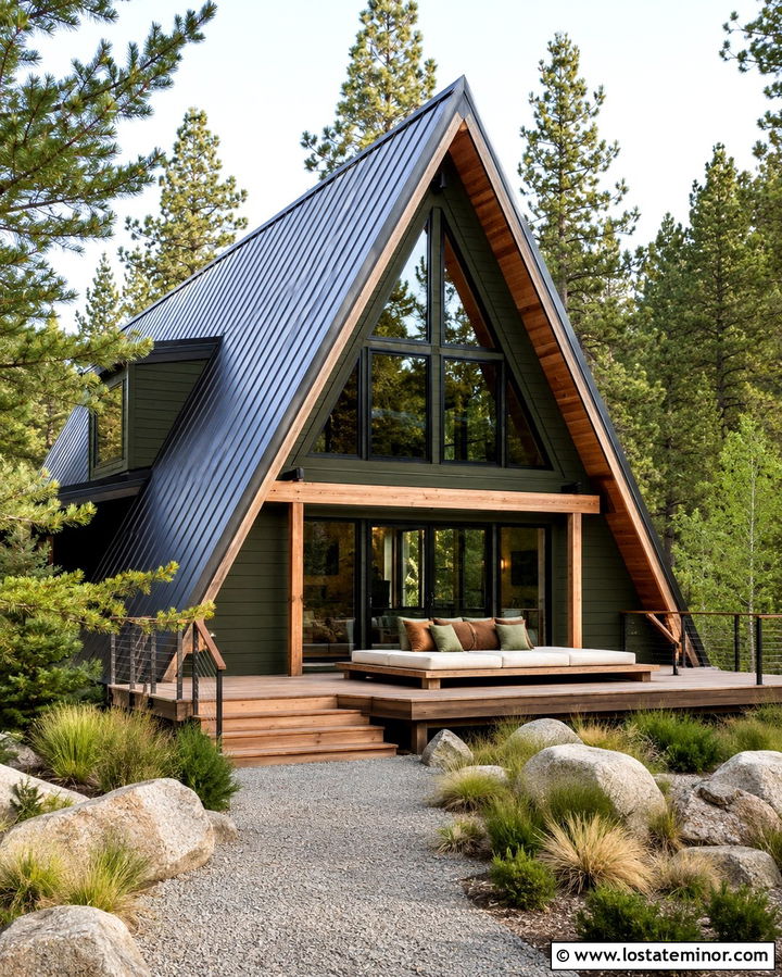 Olive Green A Frame House With Deck Daybed - 30 Olive Green House Design With Daybed Ideas