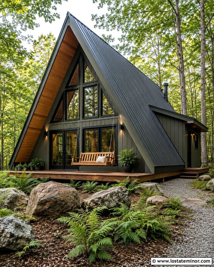 Olive Green A Frame House With Hanging Swing - 30 Olive Green House Design With Swing Ideas